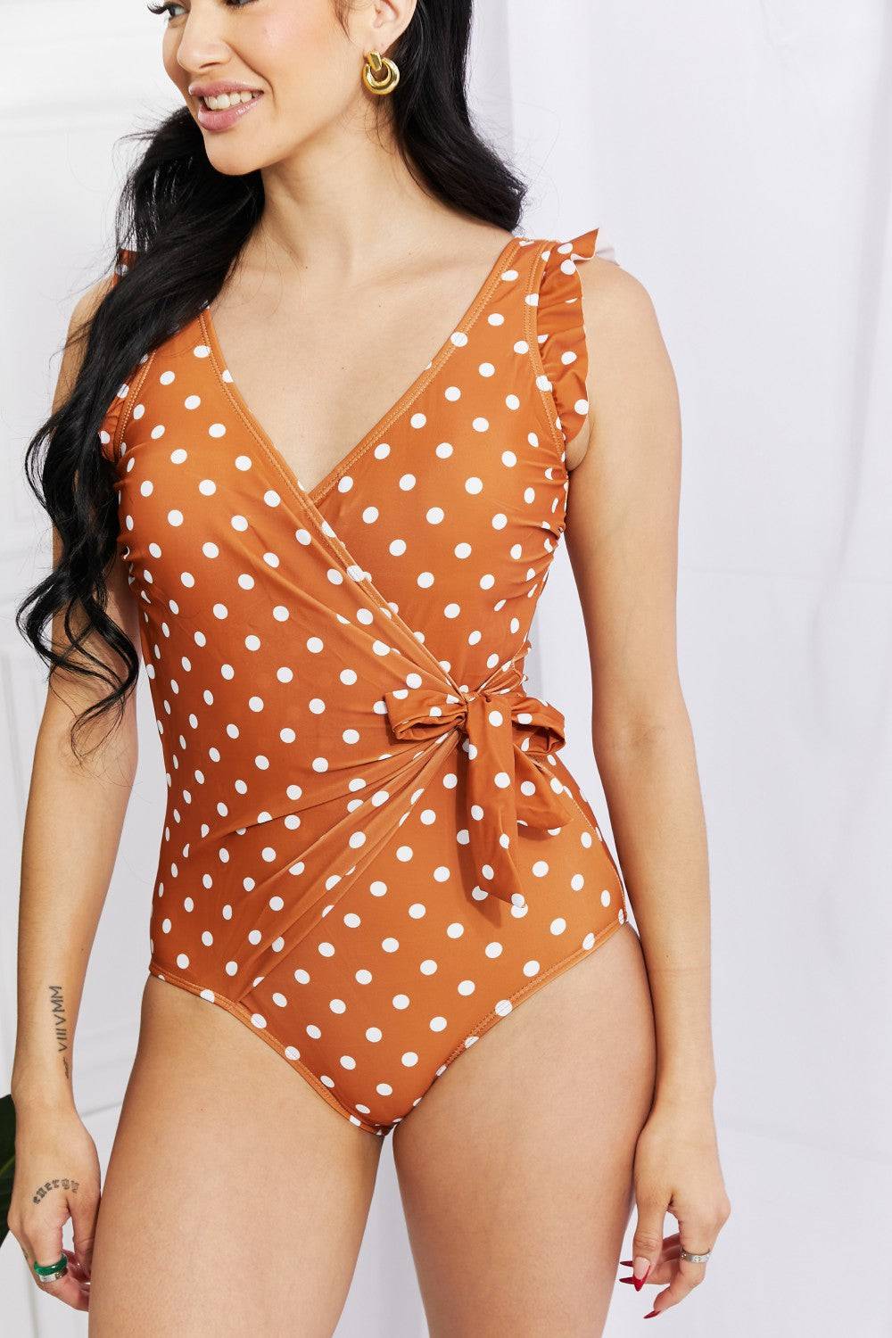 Marina West Swim Full Size Float On Ruffle Faux Wrap One-Piece in Terracotta - EkaVibe