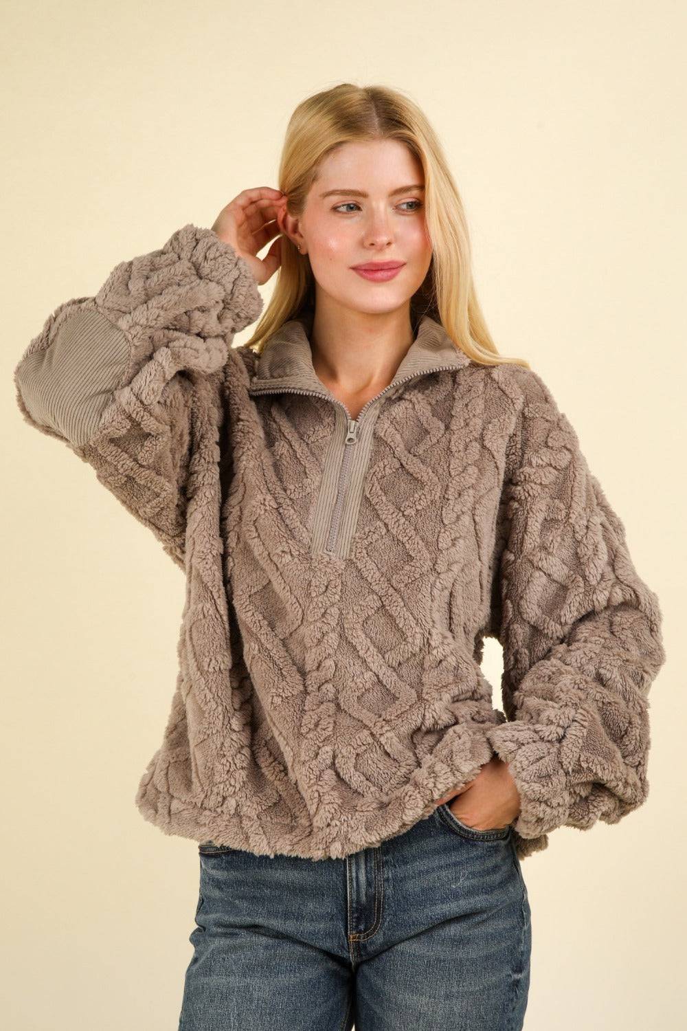 VERY J Fuzzy Fleece Half Zip Cable Pattern Sweatshirt - EkaVibe