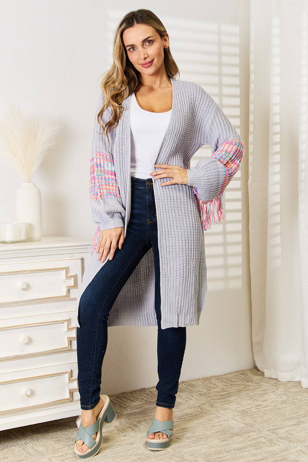 Woven Right Fringe Sleeve Dropped Shoulder Cardigan - EkaVibe