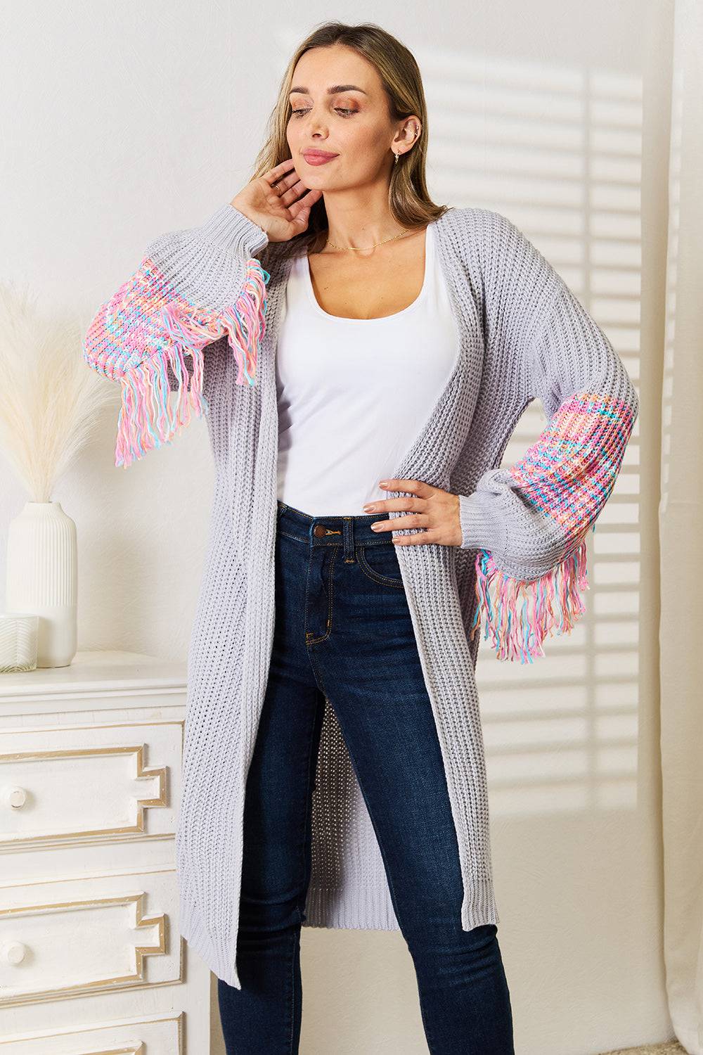 Woven Right Fringe Sleeve Dropped Shoulder Cardigan - EkaVibe