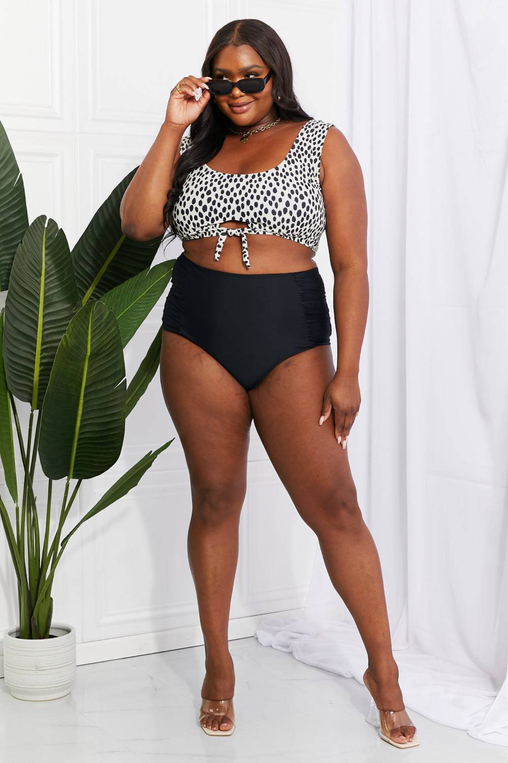 Marina West Swim Sanibel Crop Swim Top and Ruched Bottoms Set in Black - EkaVibe