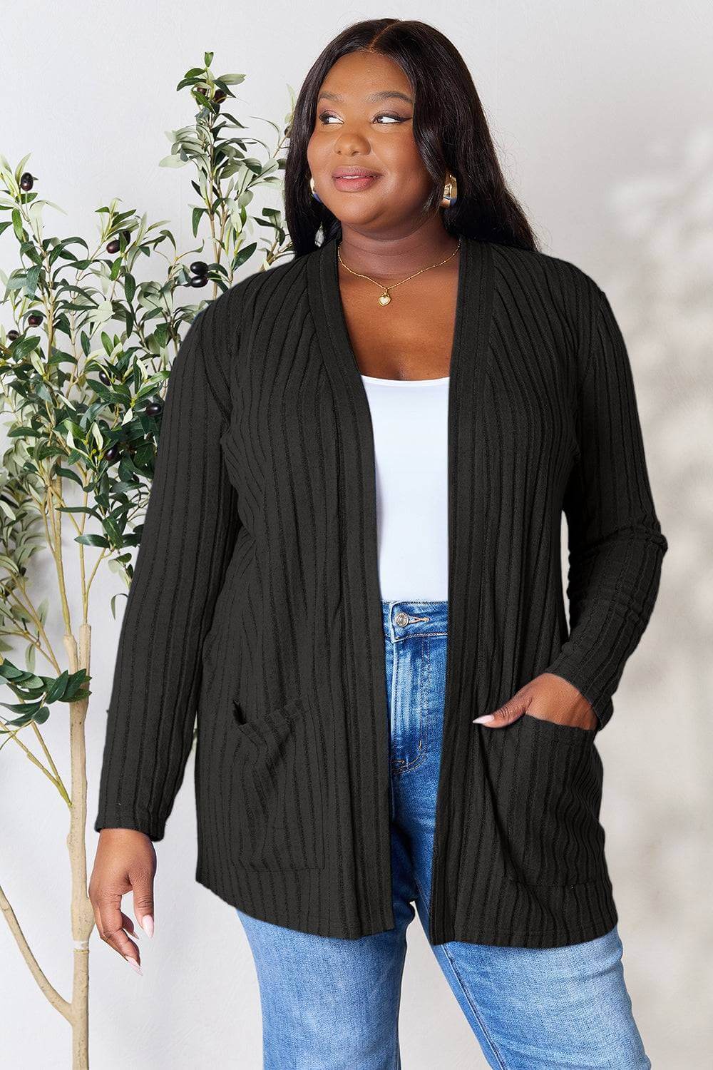 Basic Bae Full Size Ribbed Open Front Cardigan with Pockets - EkaVibe