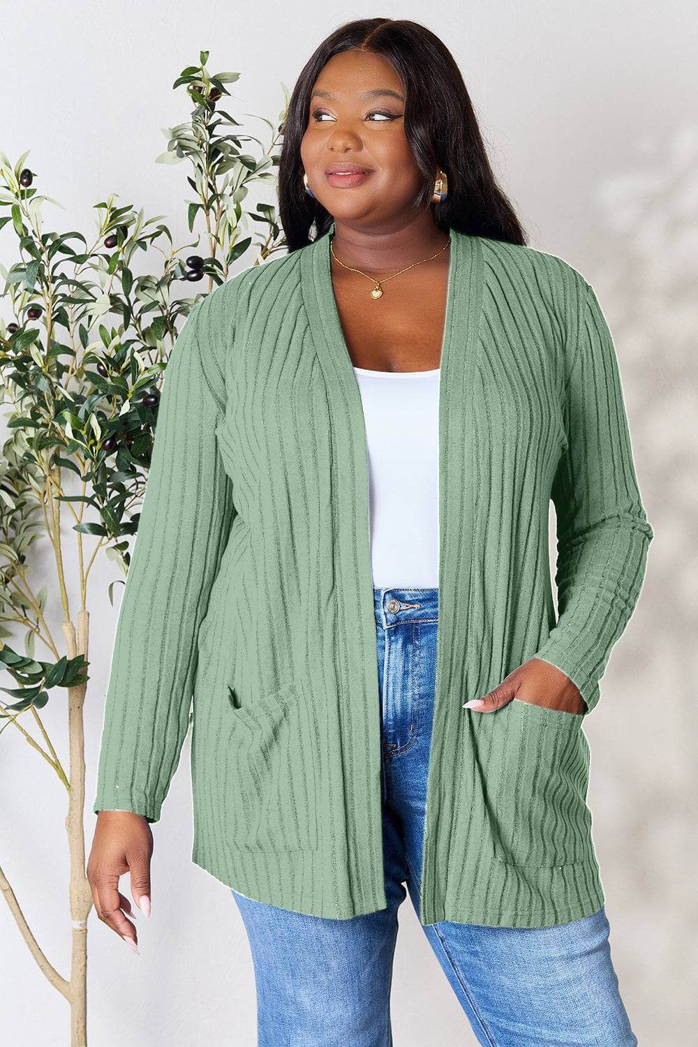 Basic Bae Full Size Ribbed Open Front Cardigan with Pockets - EkaVibe