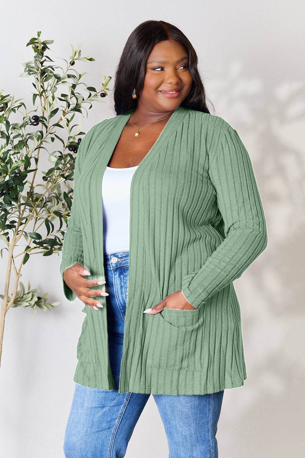 Basic Bae Full Size Ribbed Open Front Cardigan with Pockets - EkaVibe