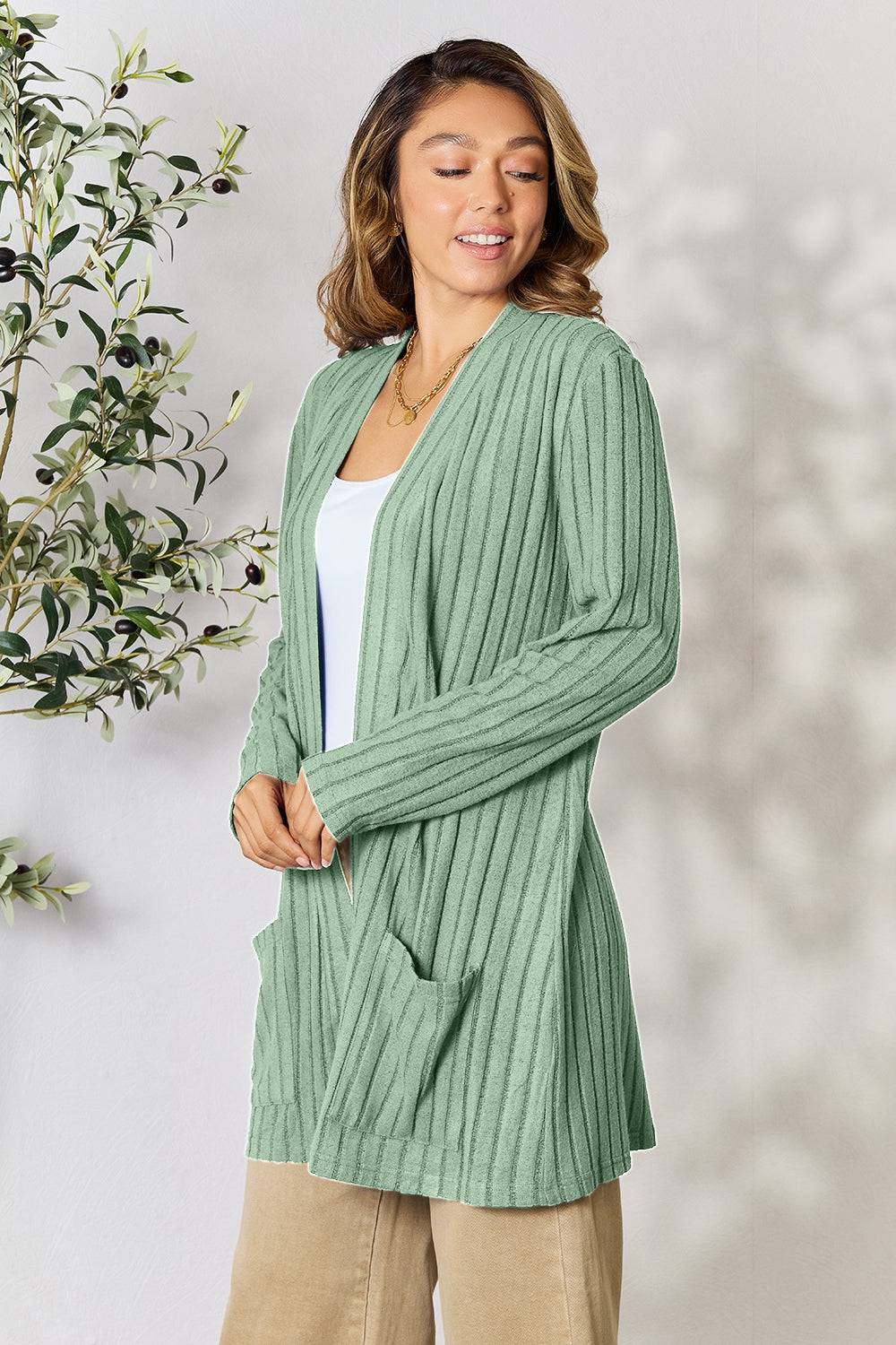 Basic Bae Full Size Ribbed Open Front Cardigan with Pockets - EkaVibe