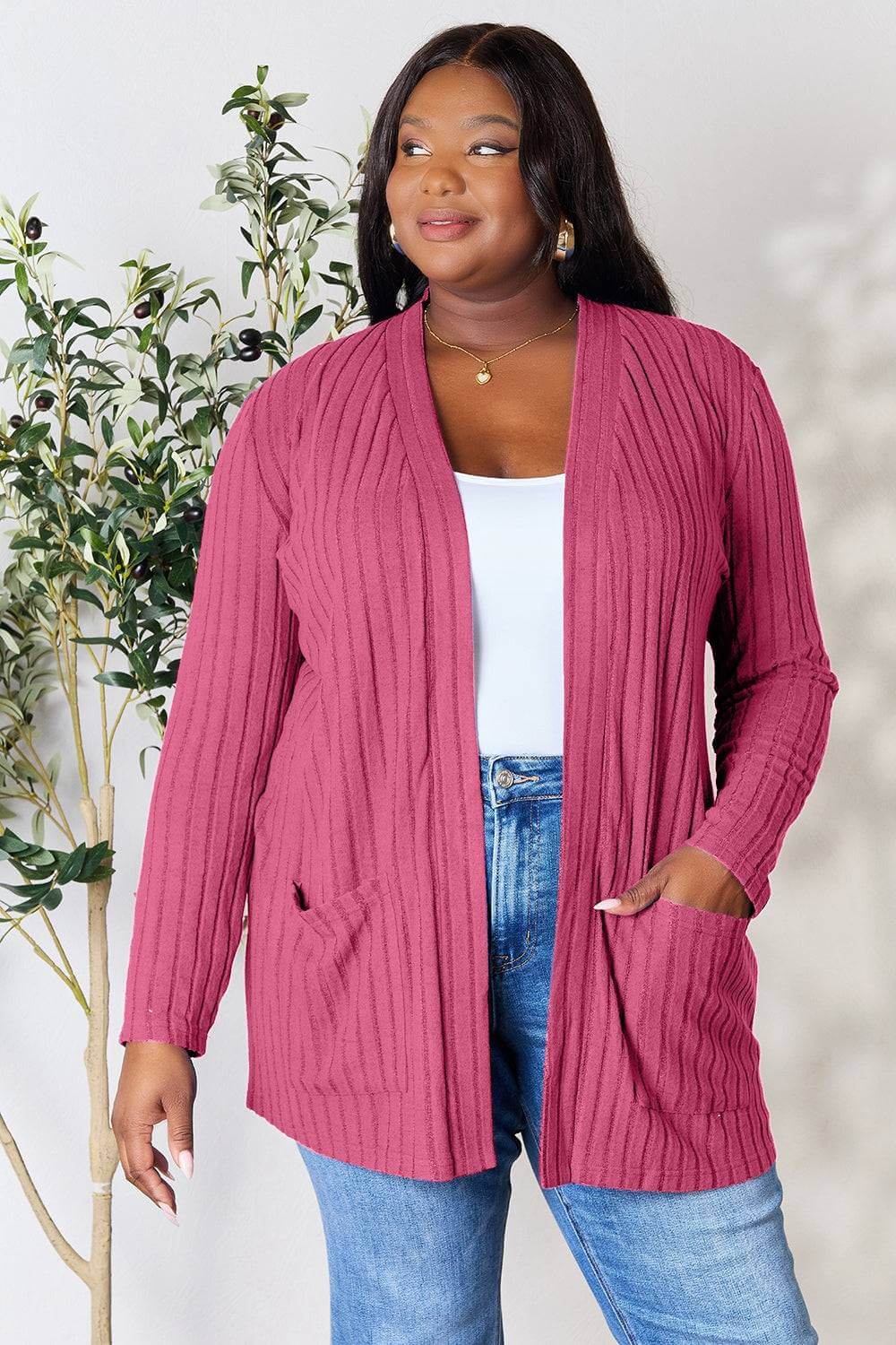 Basic Bae Full Size Ribbed Open Front Cardigan with Pockets - EkaVibe