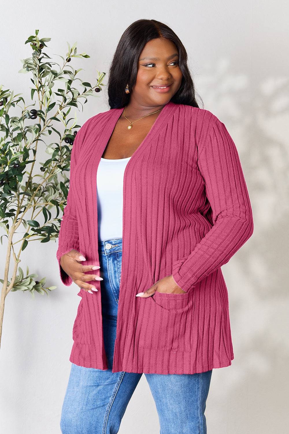 Basic Bae Full Size Ribbed Open Front Cardigan with Pockets - EkaVibe