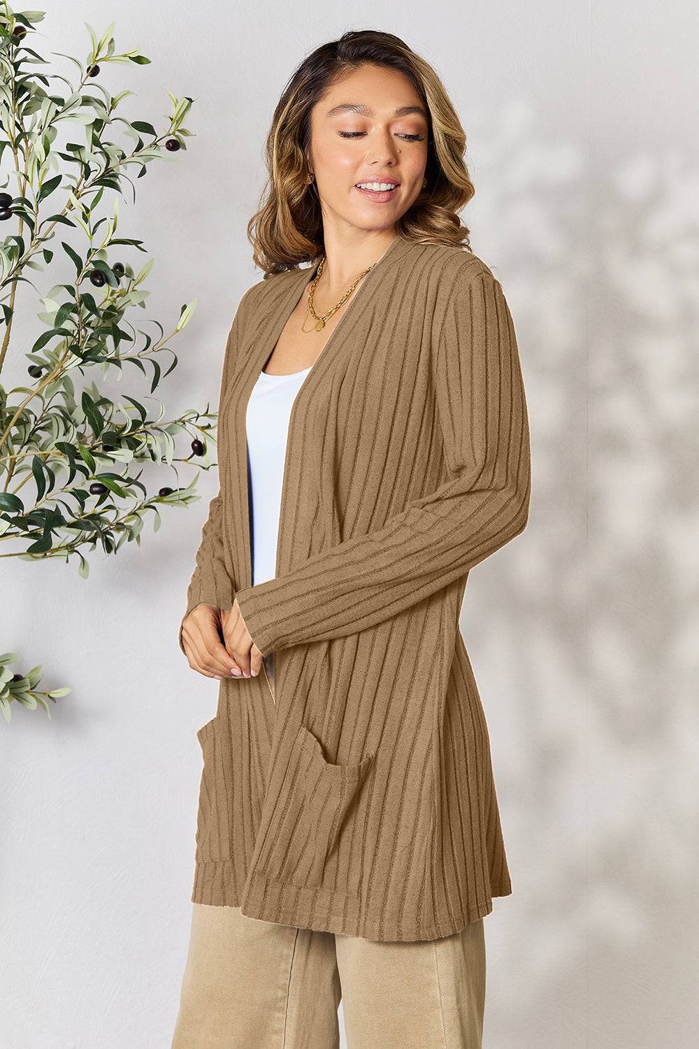 Basic Bae Full Size Ribbed Open Front Cardigan with Pockets - EkaVibe