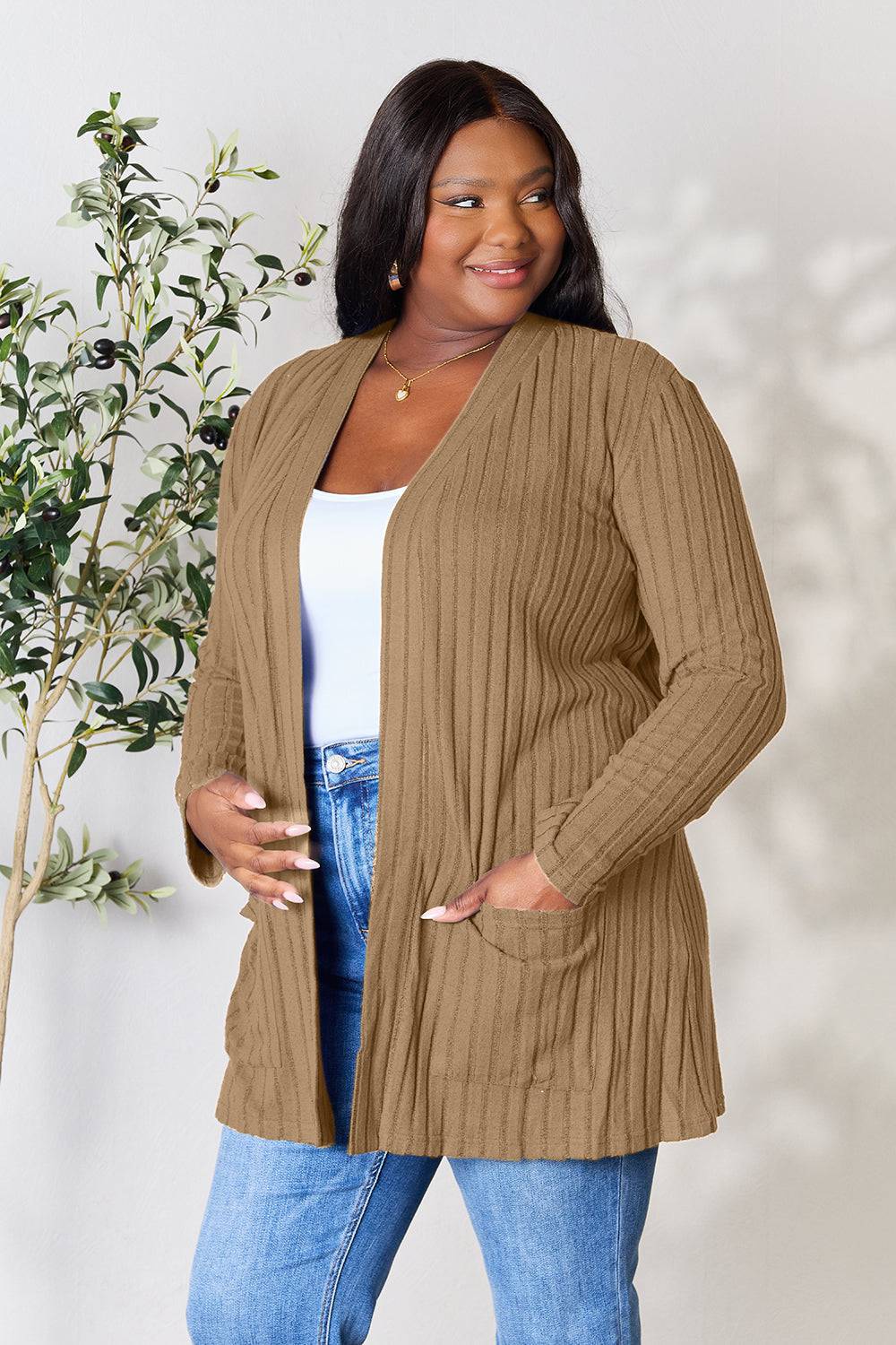 Basic Bae Full Size Ribbed Open Front Cardigan with Pockets - EkaVibe