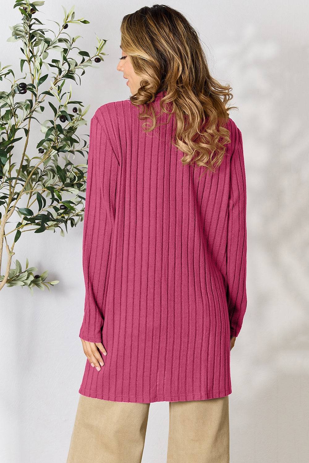 Basic Bae Full Size Ribbed Open Front Cardigan with Pockets - EkaVibe