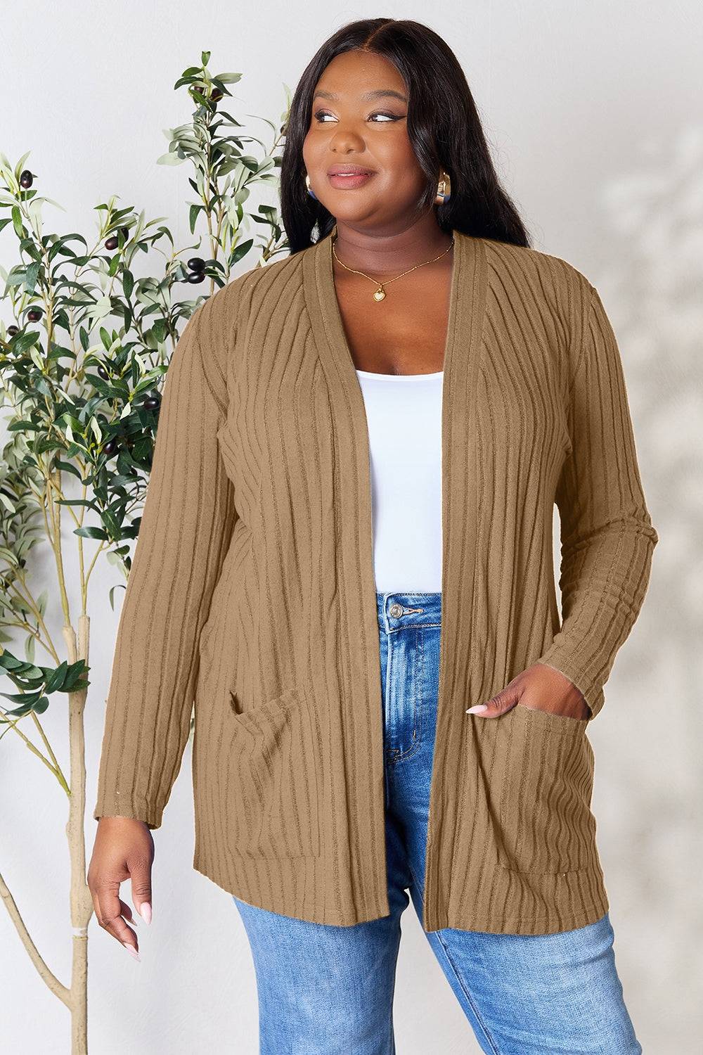 Basic Bae Full Size Ribbed Open Front Cardigan with Pockets - EkaVibe