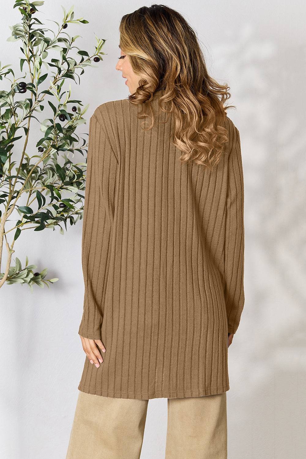 Basic Bae Full Size Ribbed Open Front Cardigan with Pockets - EkaVibe