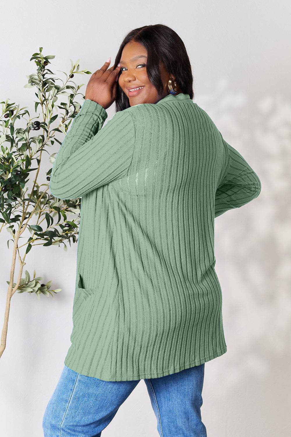 Basic Bae Full Size Ribbed Open Front Cardigan with Pockets - EkaVibe