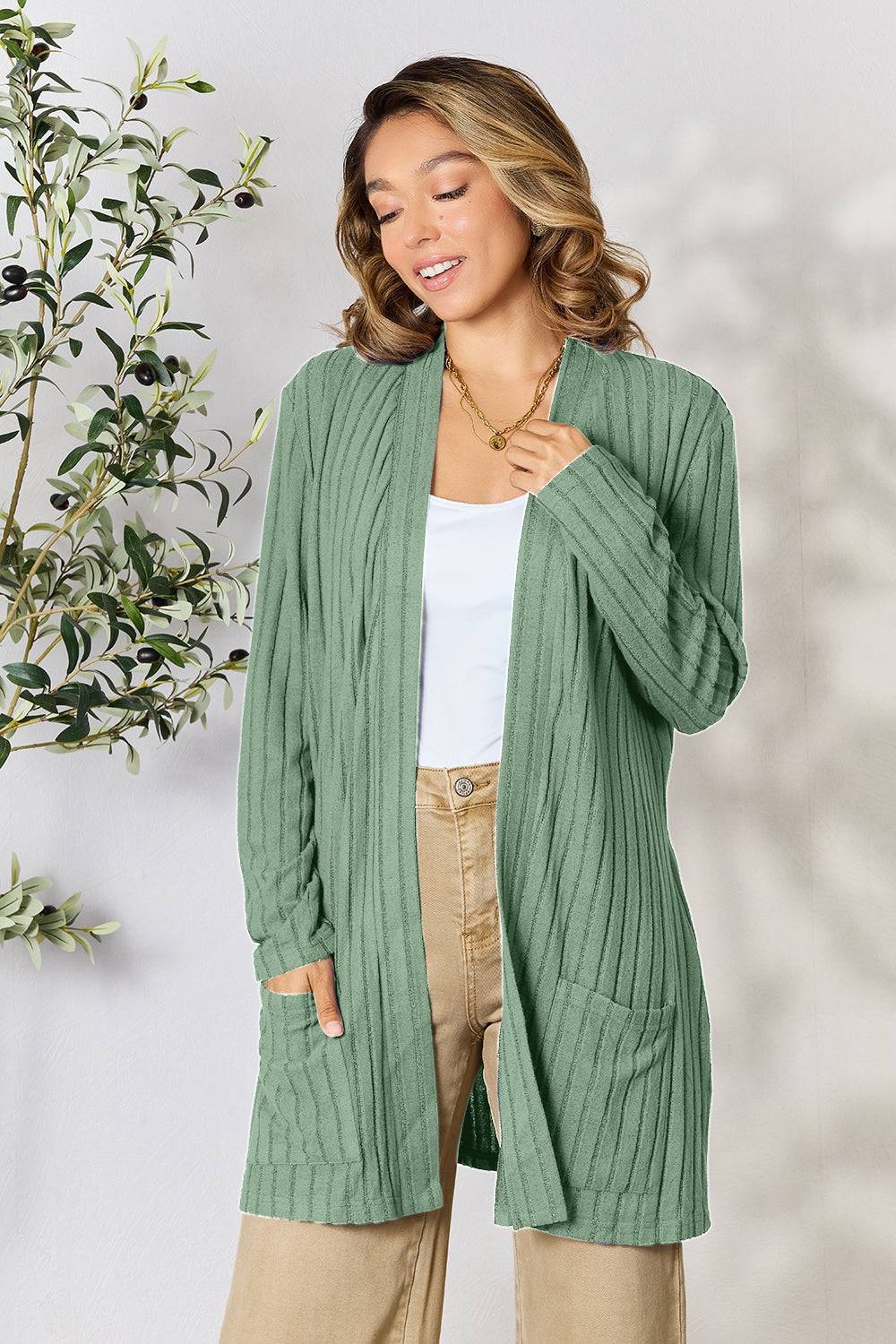 Basic Bae Full Size Ribbed Open Front Cardigan with Pockets - EkaVibe