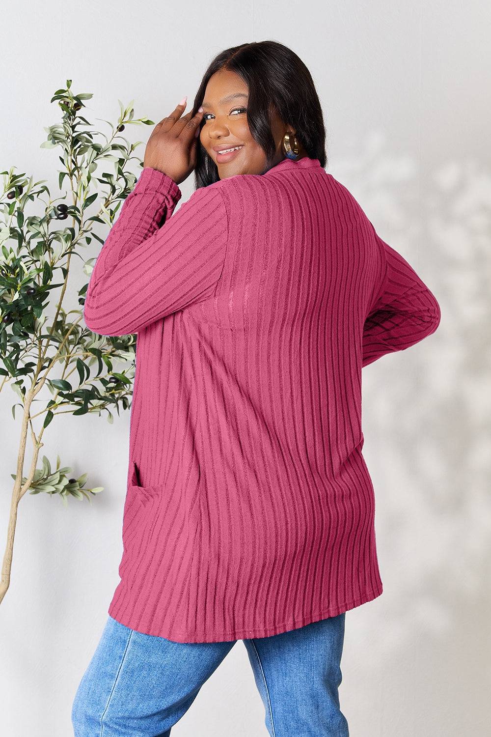 Basic Bae Full Size Ribbed Open Front Cardigan with Pockets - EkaVibe