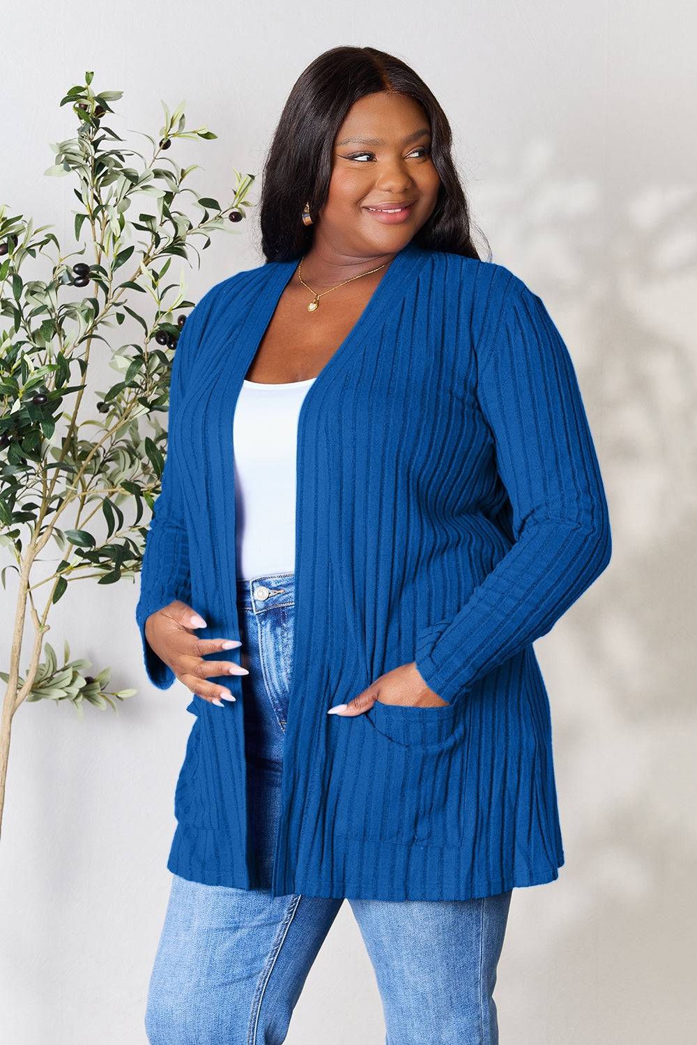 Basic Bae Full Size Ribbed Open Front Cardigan with Pockets - EkaVibe