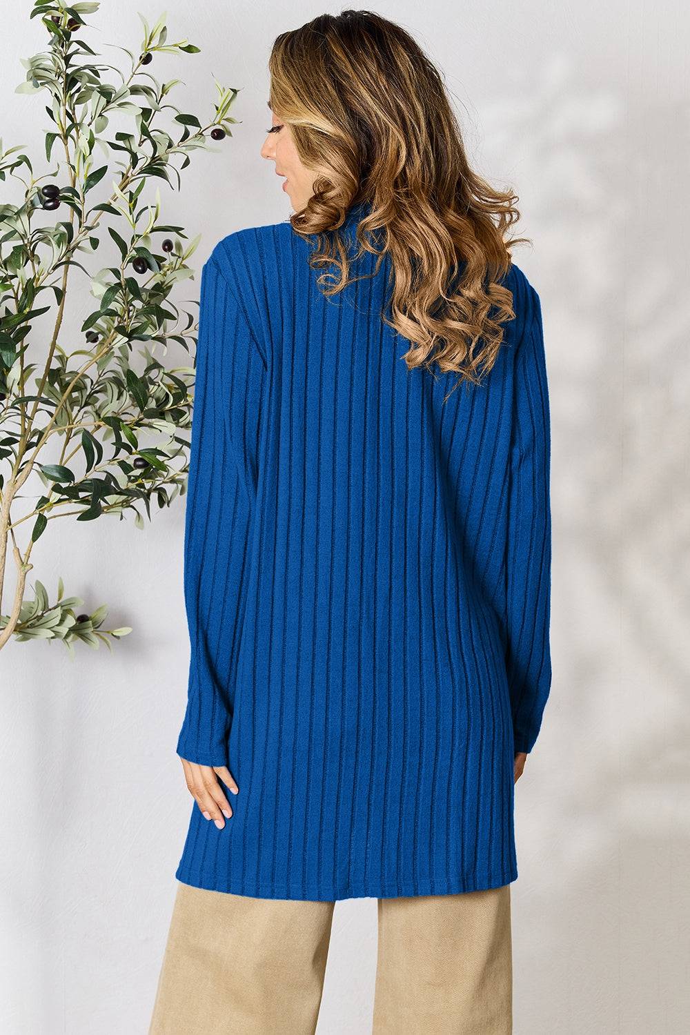 Basic Bae Full Size Ribbed Open Front Cardigan with Pockets - EkaVibe