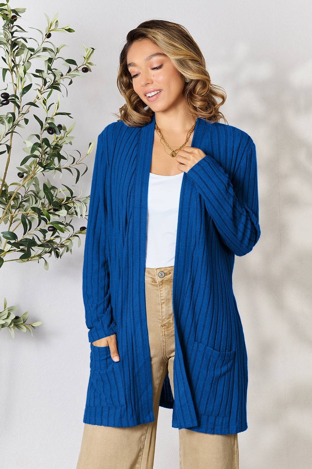 Basic Bae Full Size Ribbed Open Front Cardigan with Pockets - EkaVibe