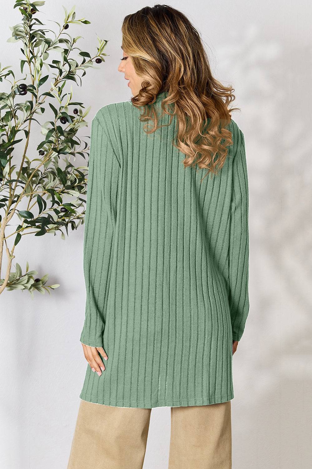 Basic Bae Full Size Ribbed Open Front Cardigan with Pockets - EkaVibe