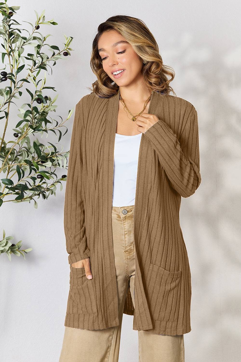 Basic Bae Full Size Ribbed Open Front Cardigan with Pockets - EkaVibe