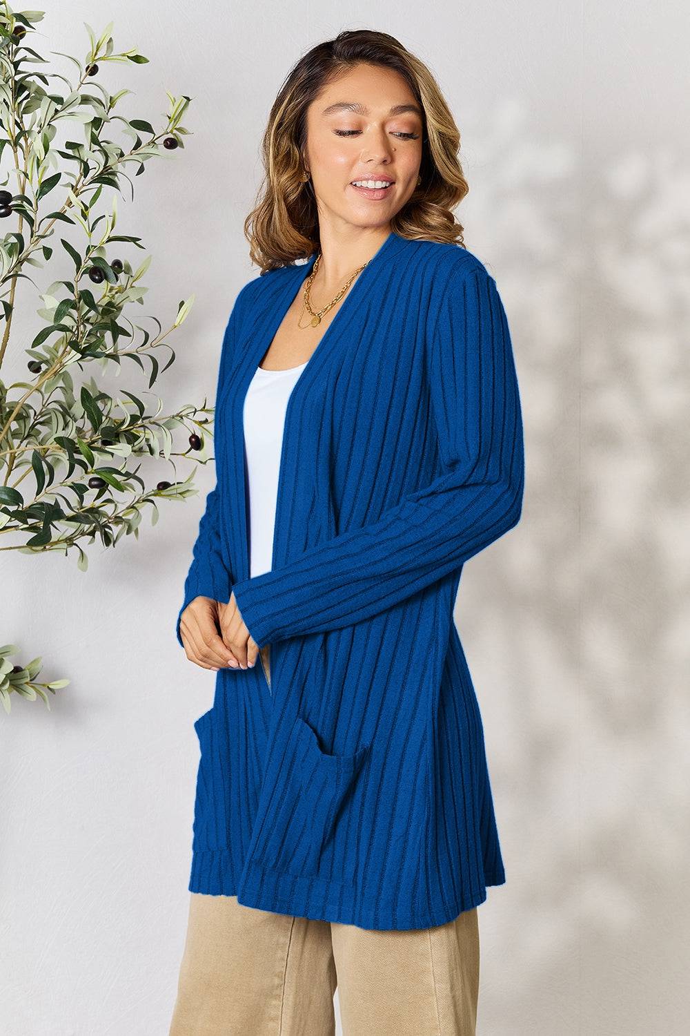 Basic Bae Full Size Ribbed Open Front Cardigan with Pockets - EkaVibe