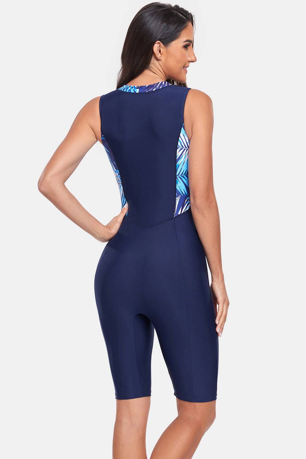 Printed Half Zip Sleeveless One Piece Swimwear - EkaVibe