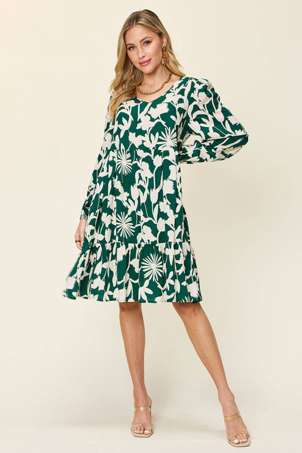 Double Take Full Size Printed Ruffle Hem Dress with Pocket - EkaVibe