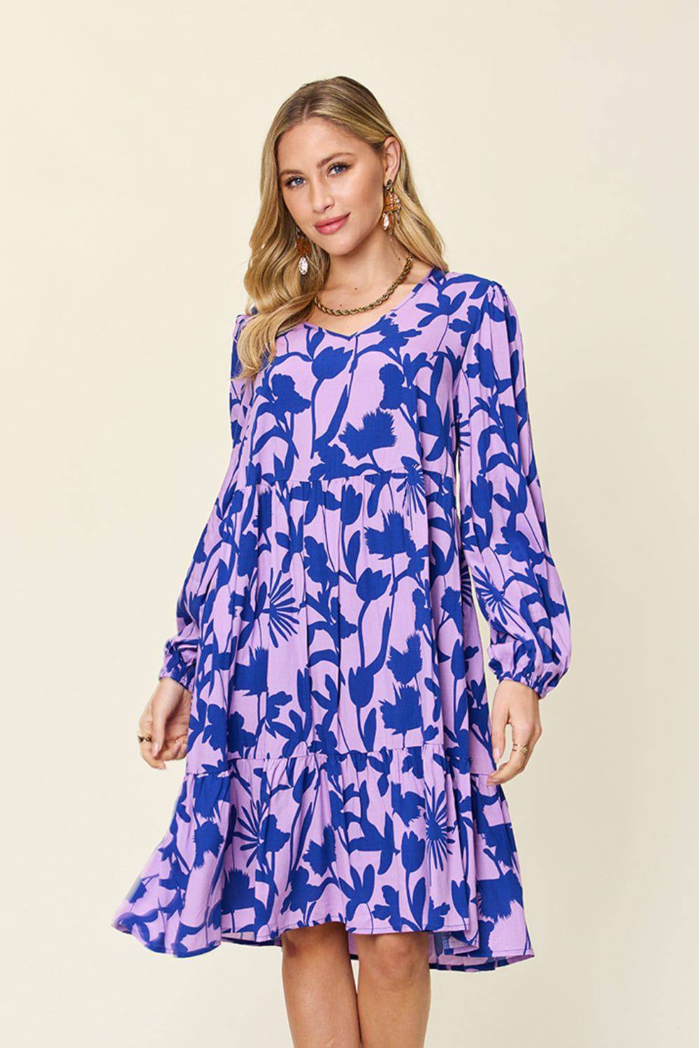 Double Take Full Size Printed Ruffle Hem Dress with Pocket - EkaVibe