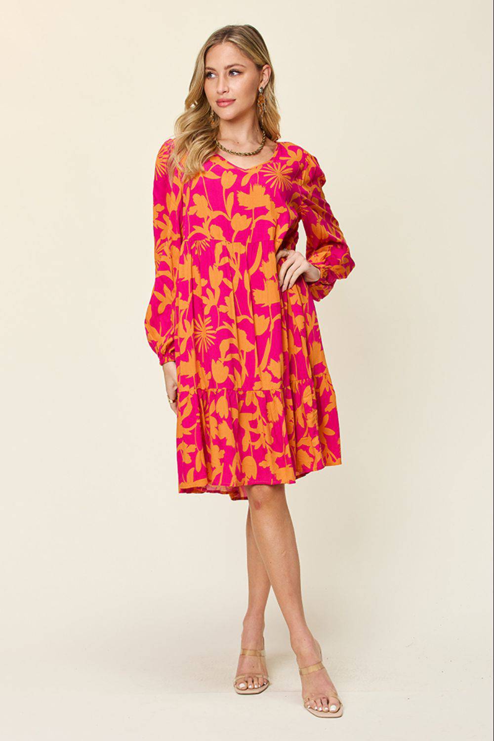 Double Take Full Size Printed Ruffle Hem Dress with Pocket - EkaVibe