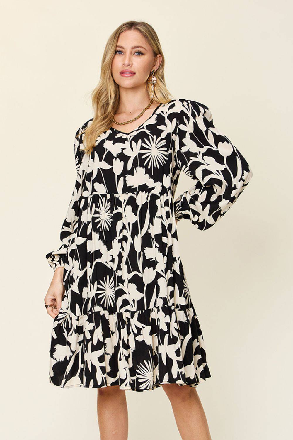 Double Take Full Size Printed Ruffle Hem Dress with Pocket - EkaVibe