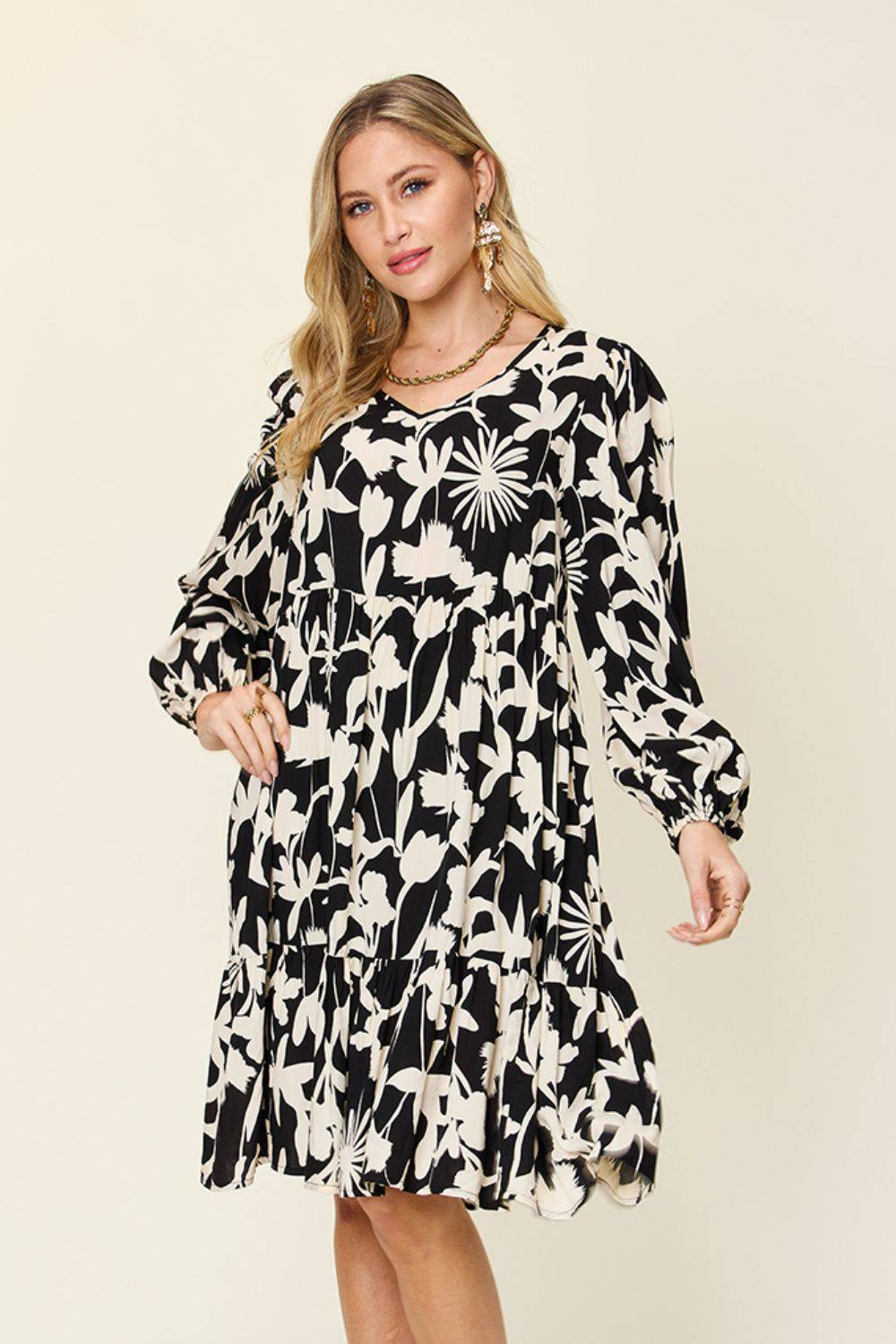 Double Take Full Size Printed Ruffle Hem Dress with Pocket - EkaVibe