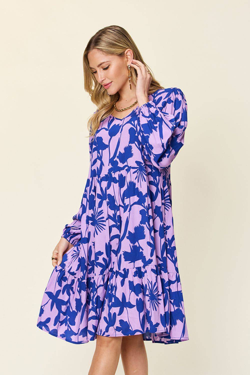 Double Take Full Size Printed Ruffle Hem Dress with Pocket - EkaVibe