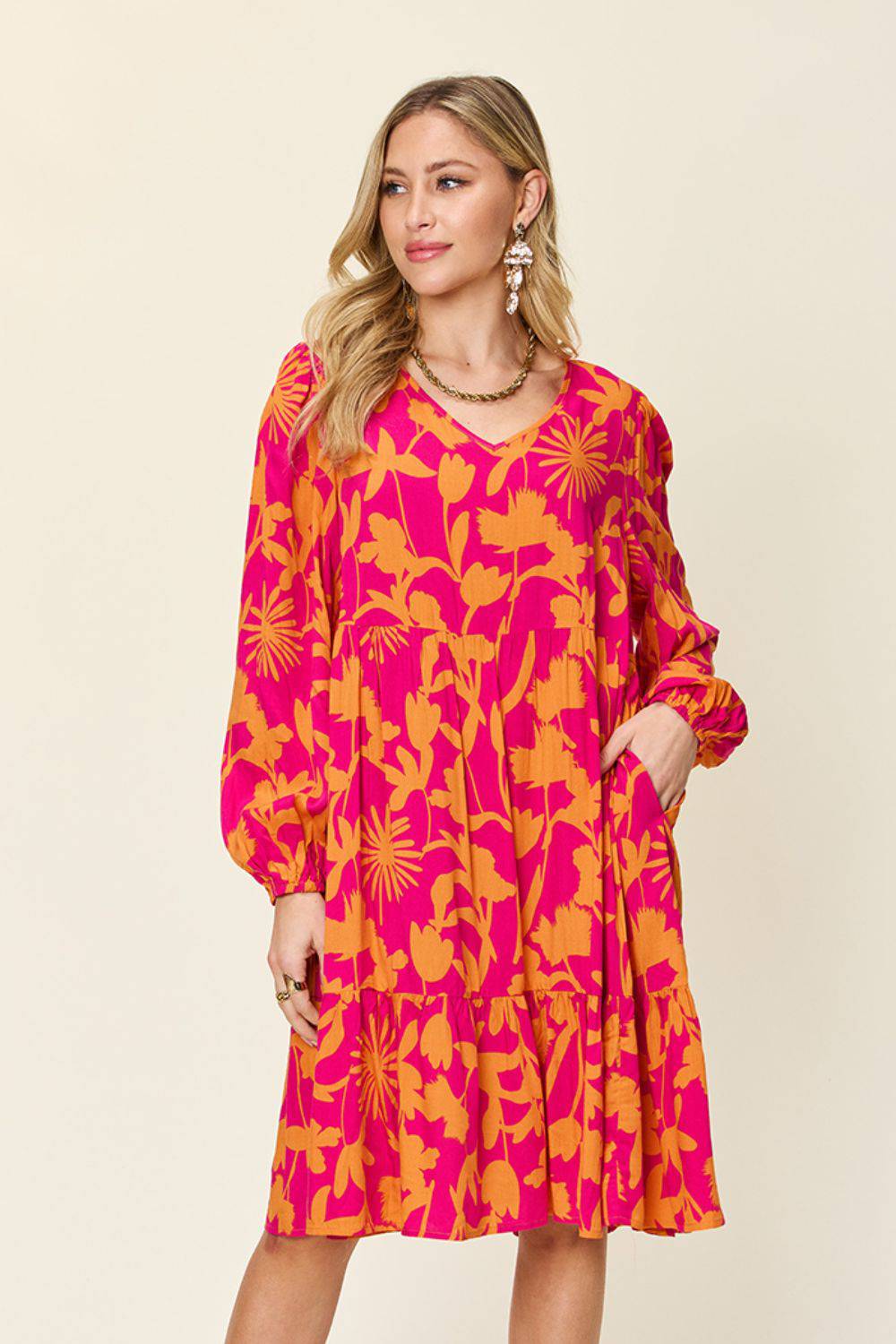 Double Take Full Size Printed Ruffle Hem Dress with Pocket - EkaVibe