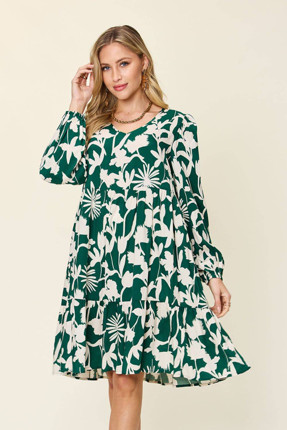 Double Take Full Size Printed Ruffle Hem Dress with Pocket - EkaVibe