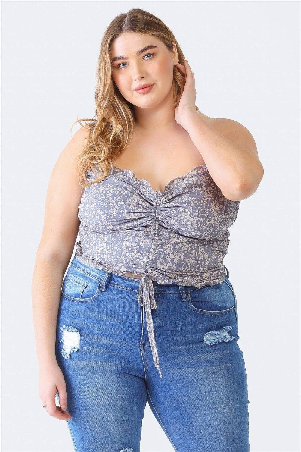 Zenobia Plus Size Drawstring Smocked Floral Tube Top - EkaVibe