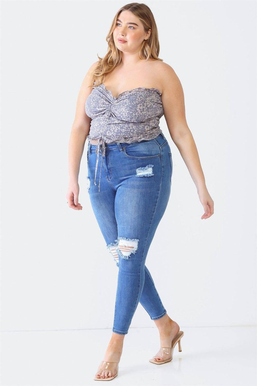 Zenobia Plus Size Drawstring Smocked Floral Tube Top - EkaVibe