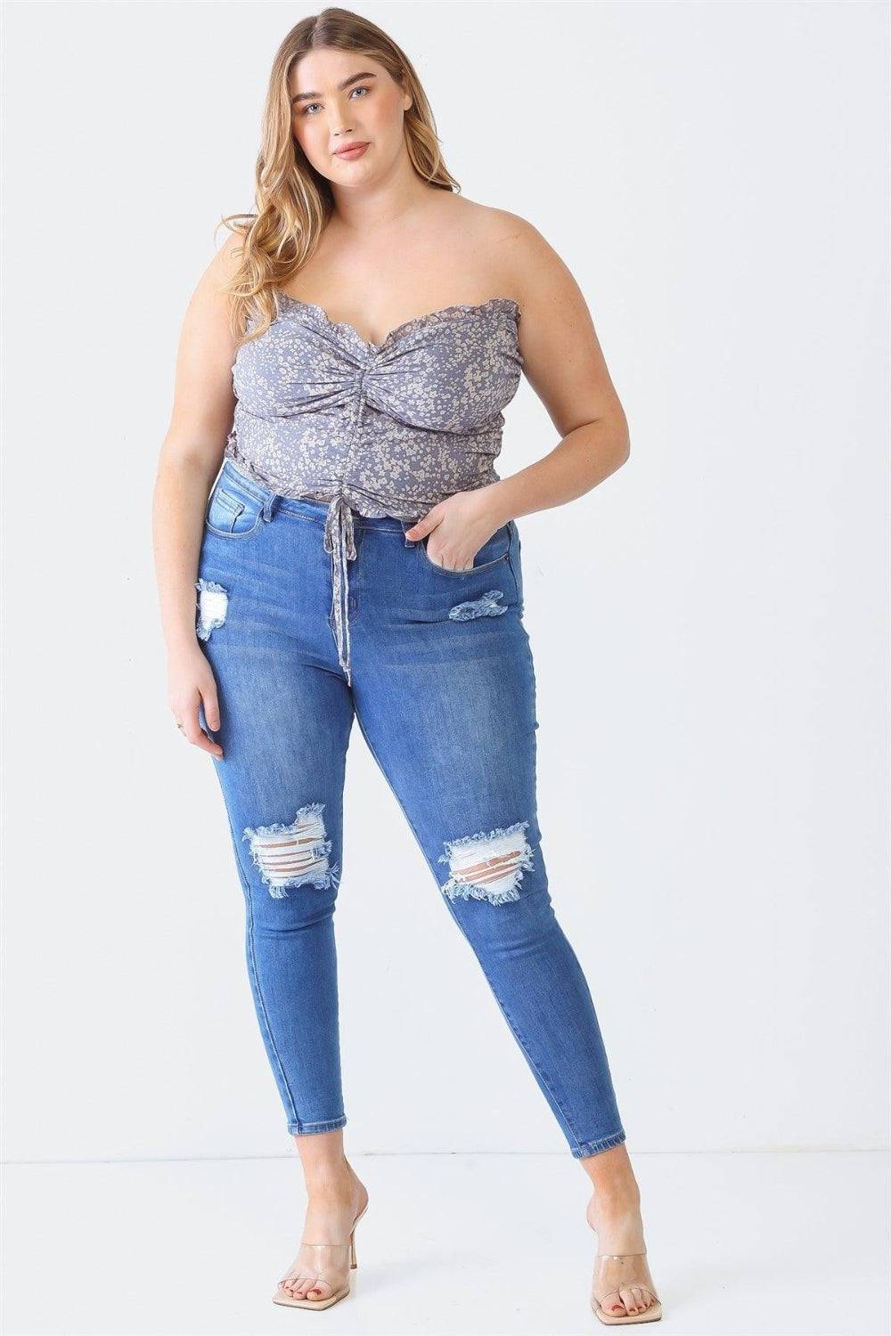 Zenobia Plus Size Drawstring Smocked Floral Tube Top - EkaVibe