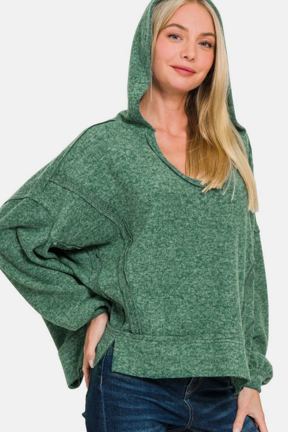 Zenana Brushed Hacci Exposed Seam Hoodie - EkaVibe