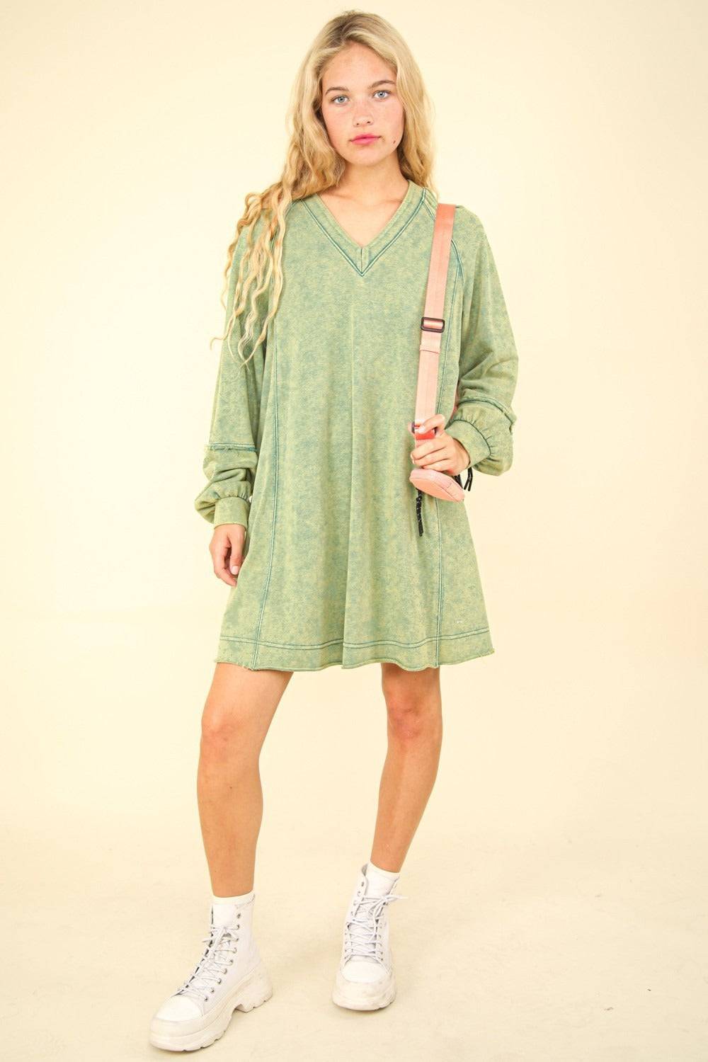 VERY J Mineral Washed Oversized A-Line Mini Dress - EkaVibe