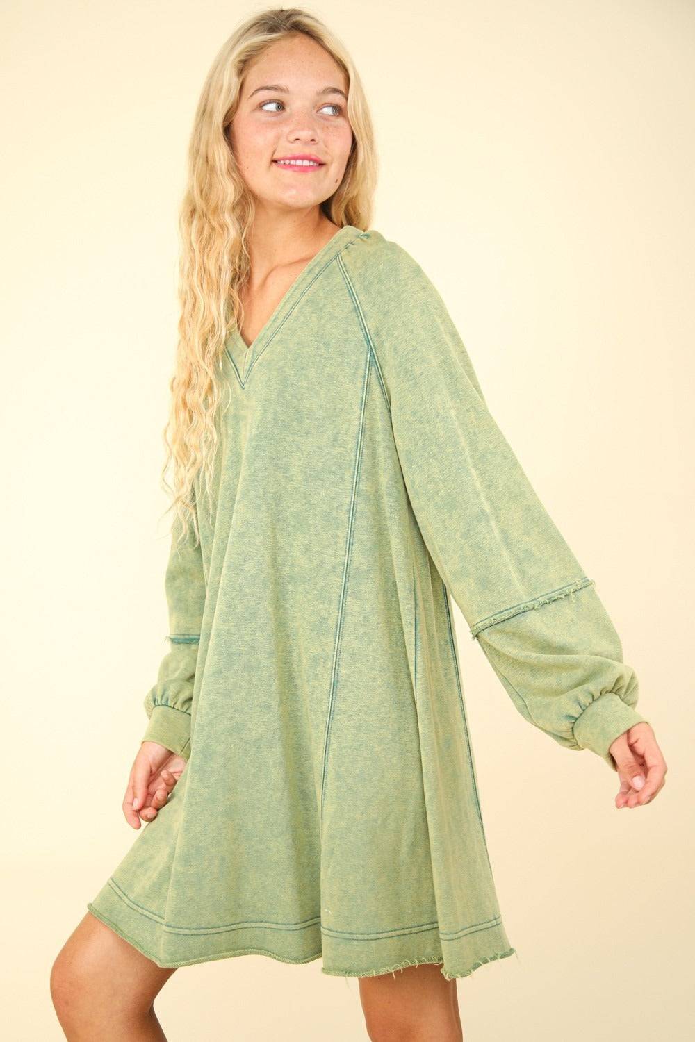 VERY J Mineral Washed Oversized A-Line Mini Dress - EkaVibe