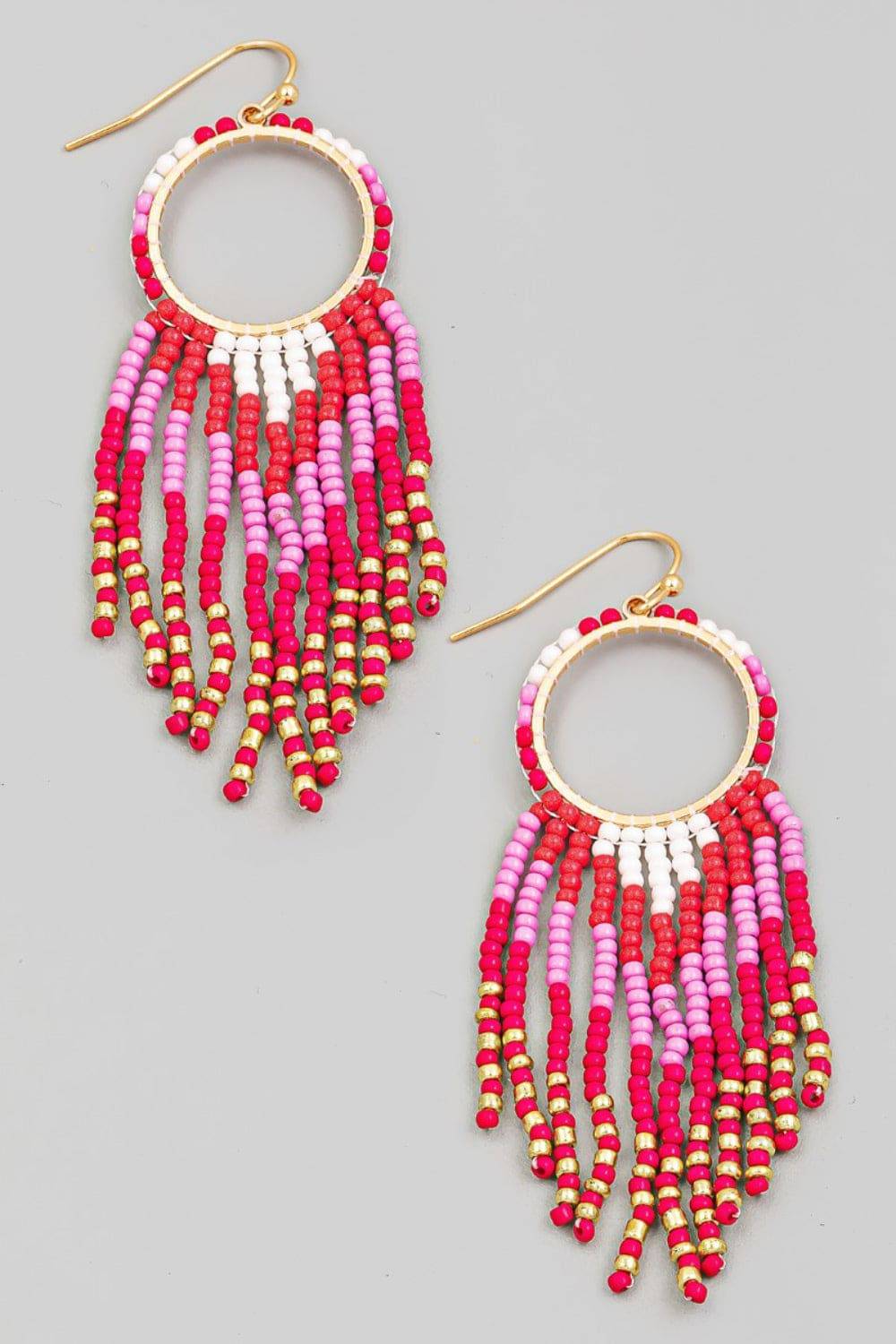 Fame Circle Cutout Seed Beaded Fringe Earrings - EkaVibe