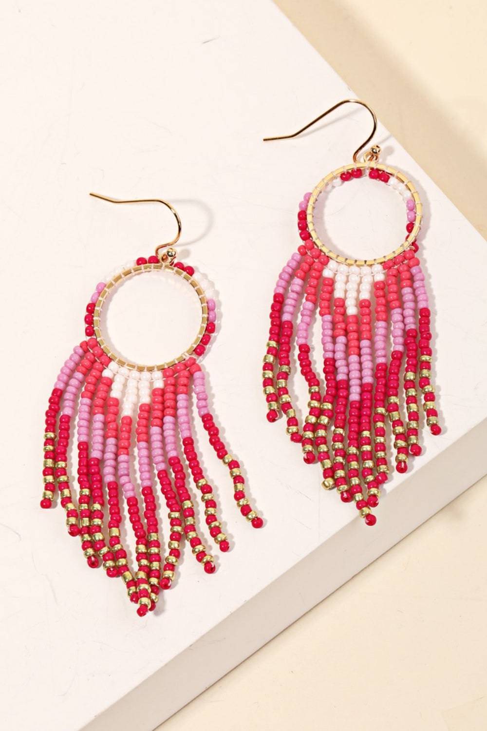 Fame Circle Cutout Seed Beaded Fringe Earrings - EkaVibe