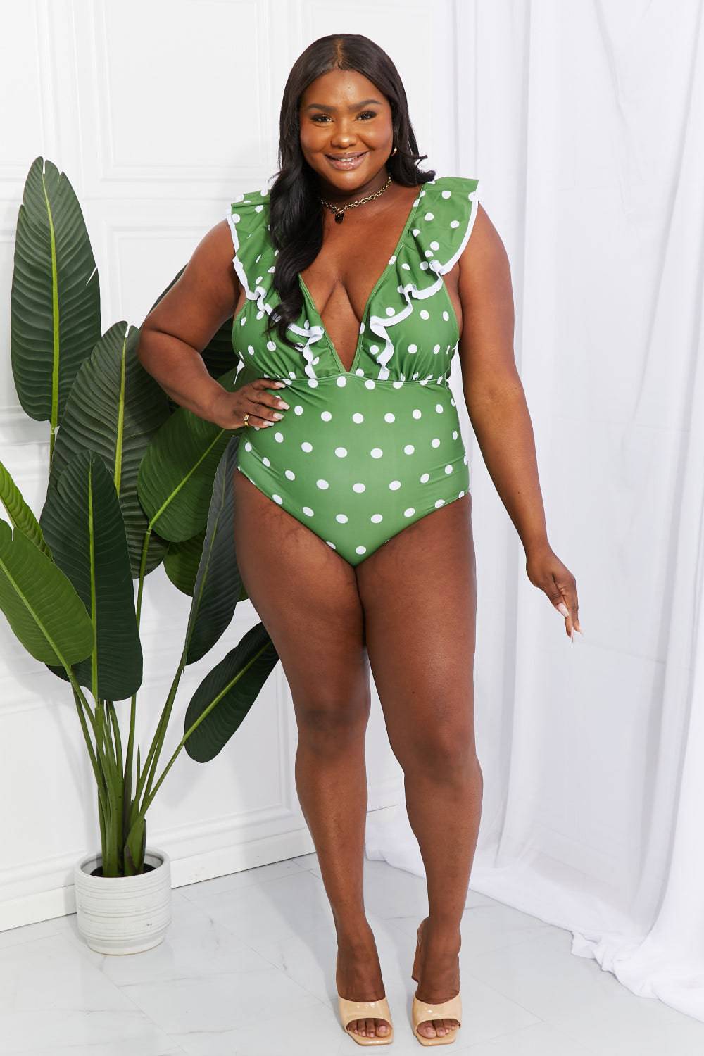 Marina West Swim Moonlit Dip Ruffle Plunge Swimsuit in Mid Green - EkaVibe