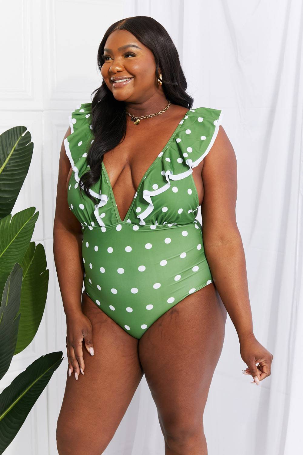 Marina West Swim Moonlit Dip Ruffle Plunge Swimsuit in Mid Green - EkaVibe