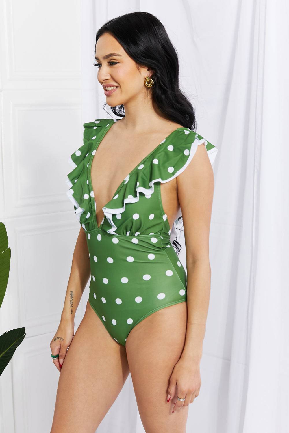 Marina West Swim Moonlit Dip Ruffle Plunge Swimsuit in Mid Green - EkaVibe