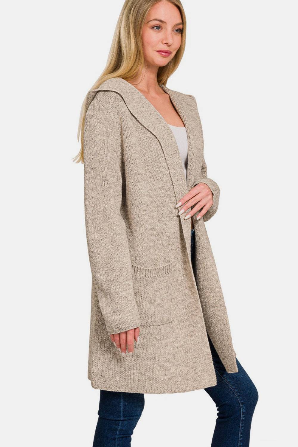 Zenana Hooded Open Front Sweater Cardigan - EkaVibe