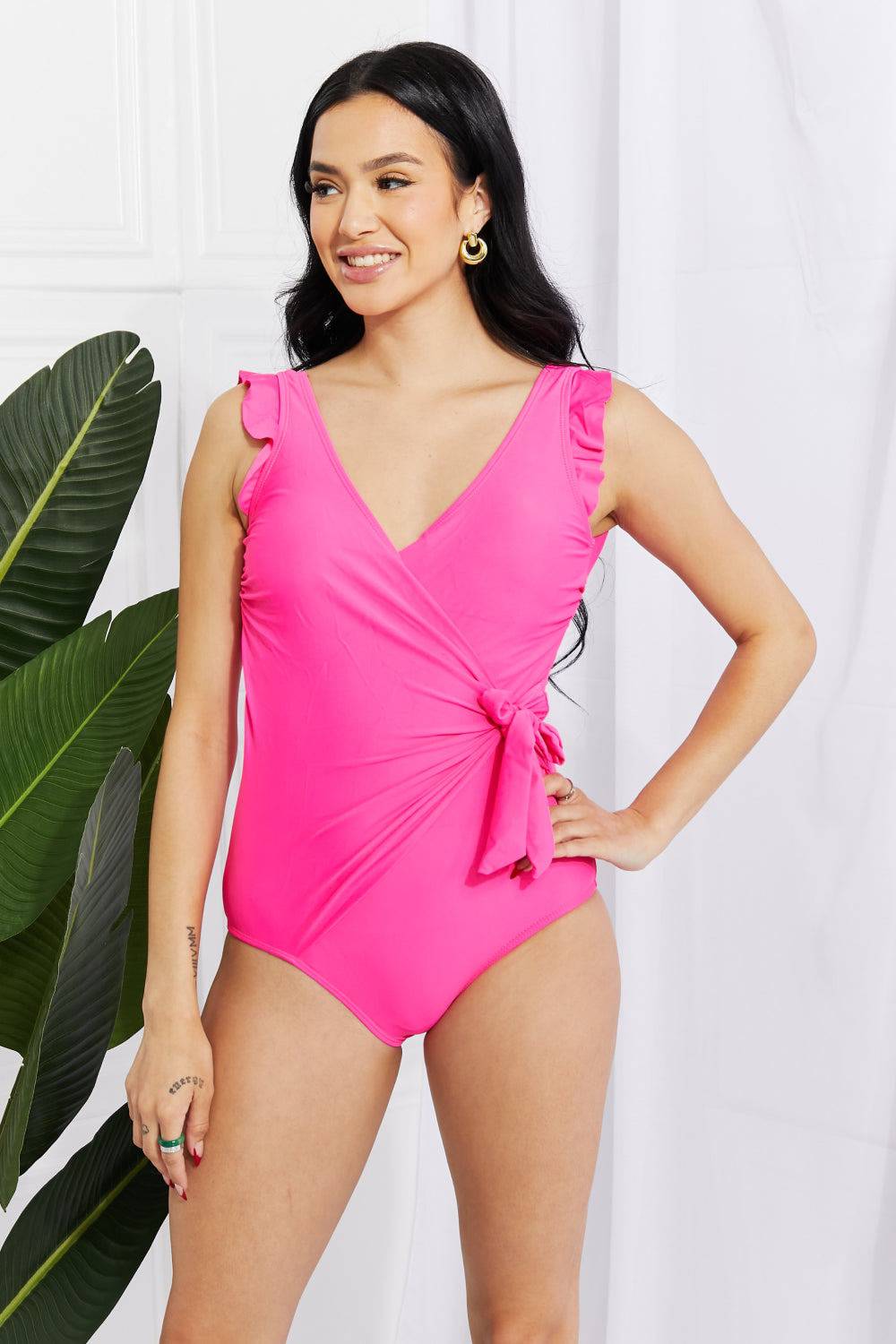 Marina West Swim Full Size Float On Ruffle Faux Wrap One-Piece in Pink - EkaVibe