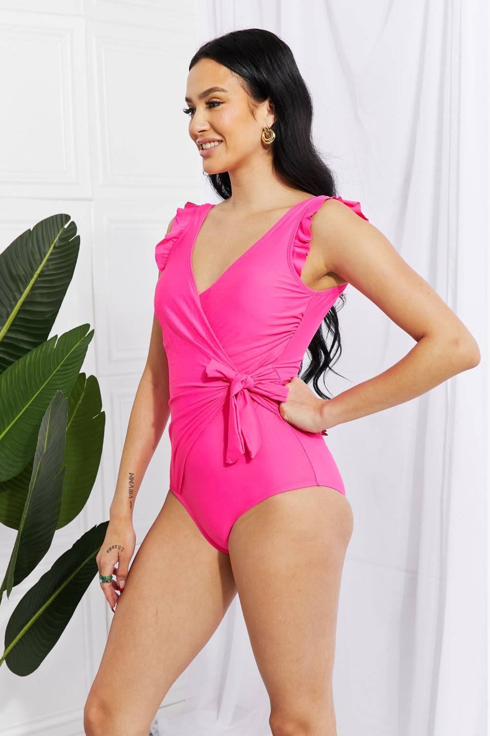 Marina West Swim Full Size Float On Ruffle Faux Wrap One-Piece in Pink - EkaVibe