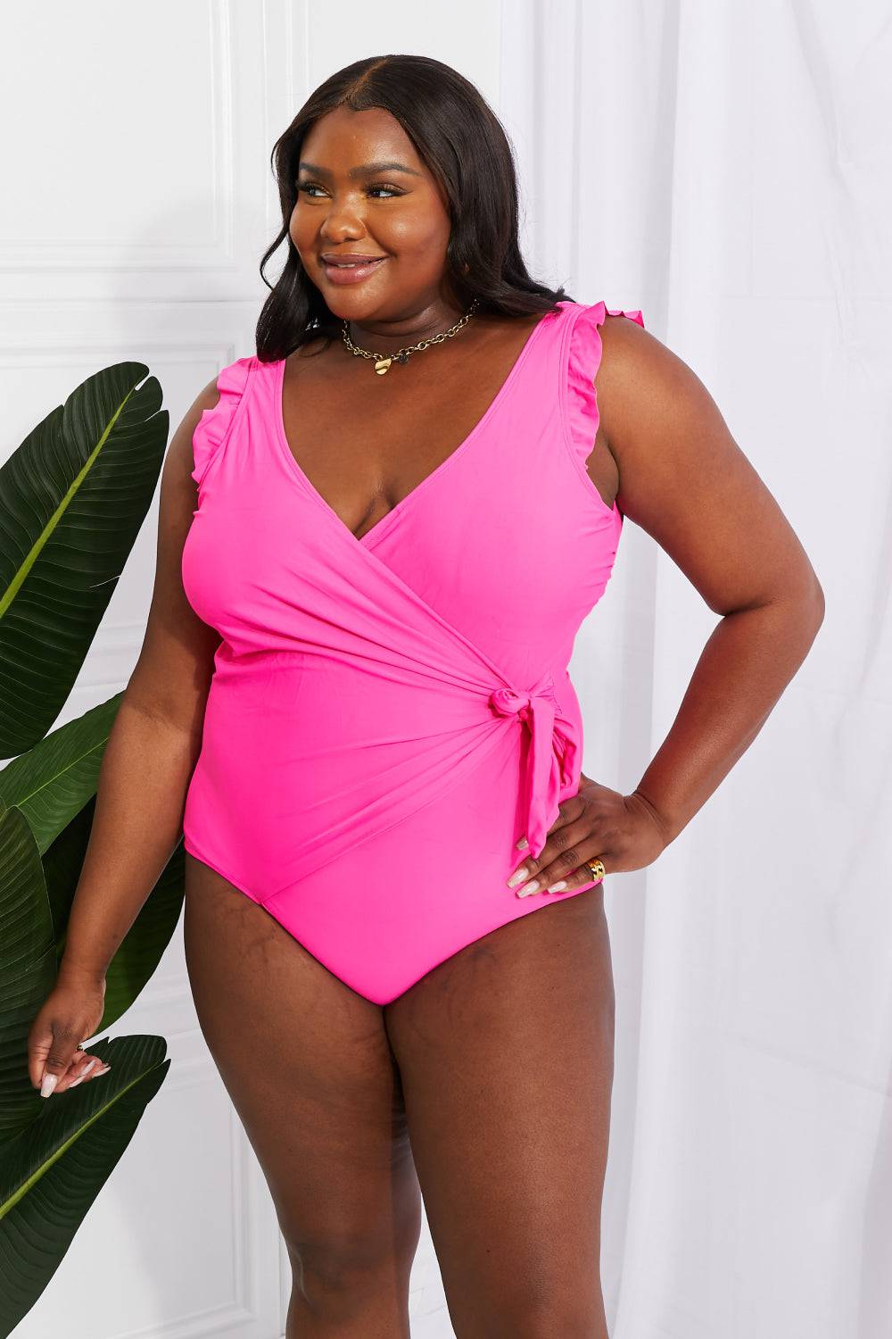 Marina West Swim Full Size Float On Ruffle Faux Wrap One-Piece in Pink - EkaVibe