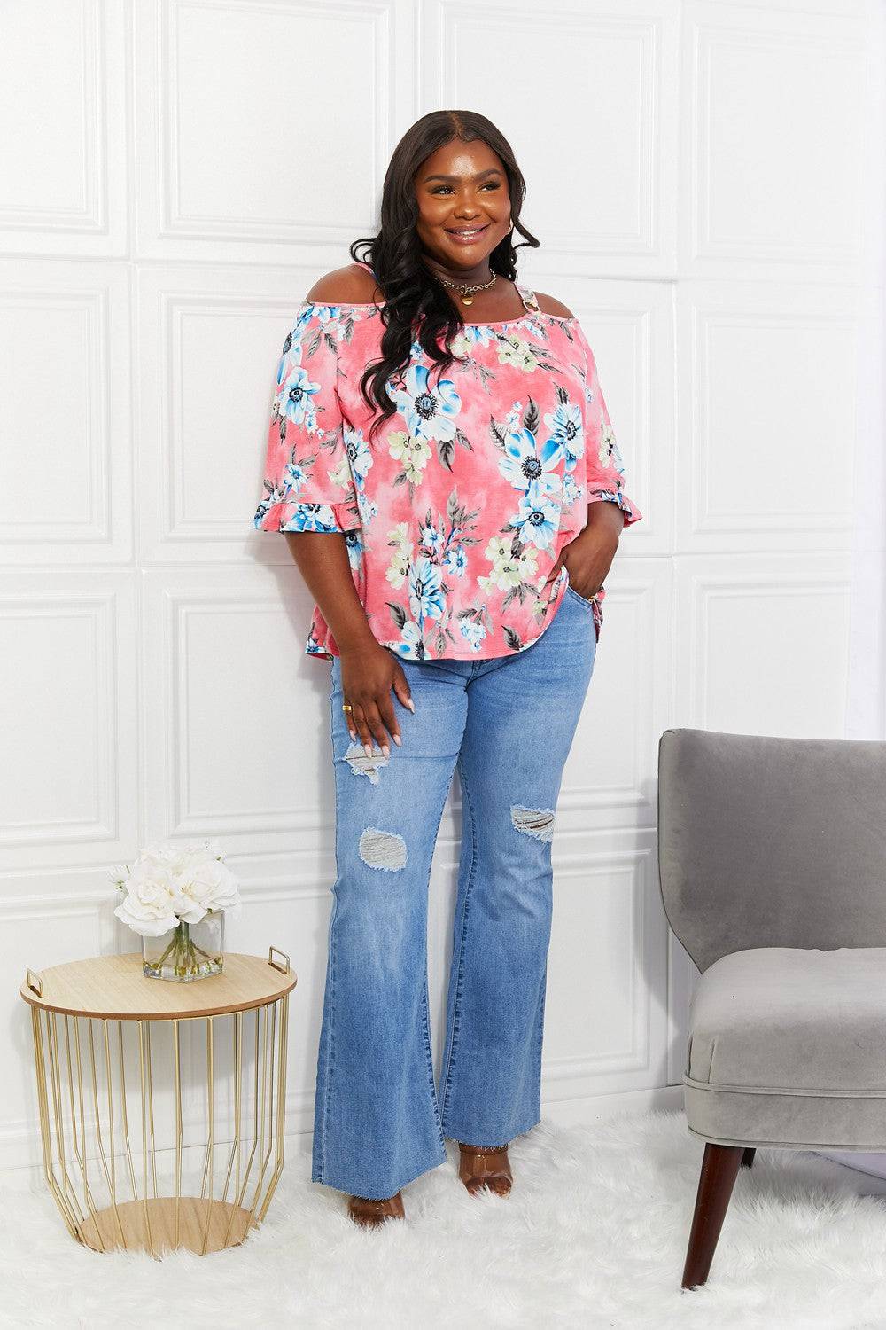 Sew In Love Full Size Fresh Take  Floral Cold-Shoulder Top - EkaVibe